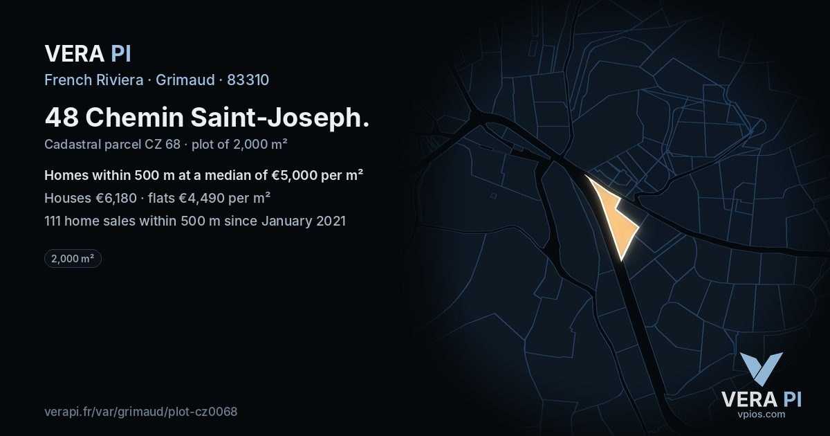 48 Chemin Saint-Joseph, Grimaud at night – the plot lit, the parcels around coloured by the prices near them
