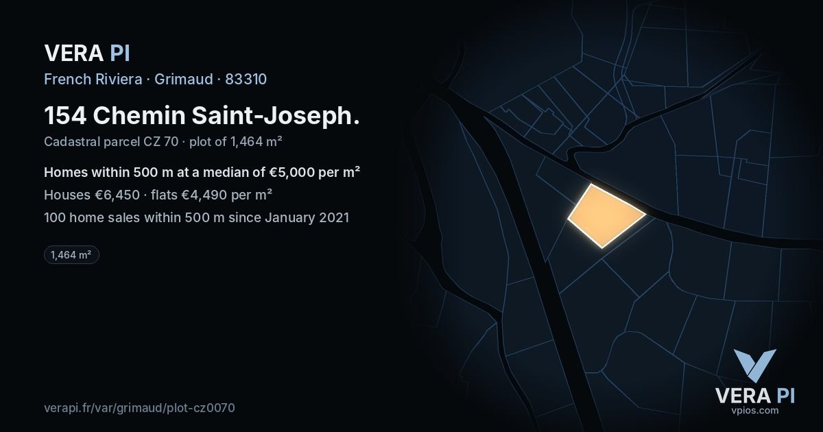 154 Chemin Saint-Joseph, Grimaud at night – the plot lit, the parcels around coloured by the prices near them