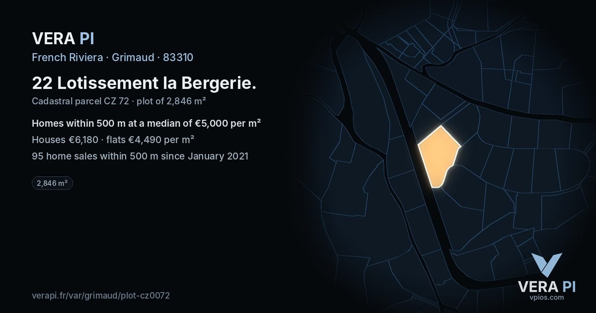 22 Lotissement la Bergerie, Grimaud at night – the plot lit, the parcels around coloured by the prices near them