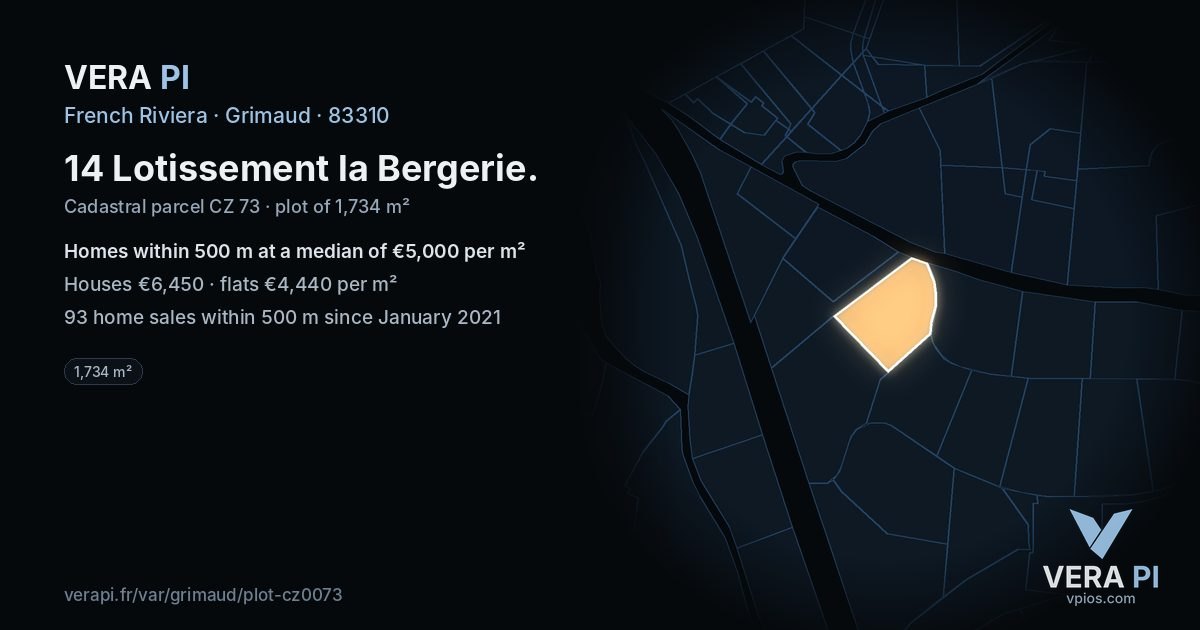 14 Lotissement la Bergerie, Grimaud at night – the plot lit, the parcels around coloured by the prices near them