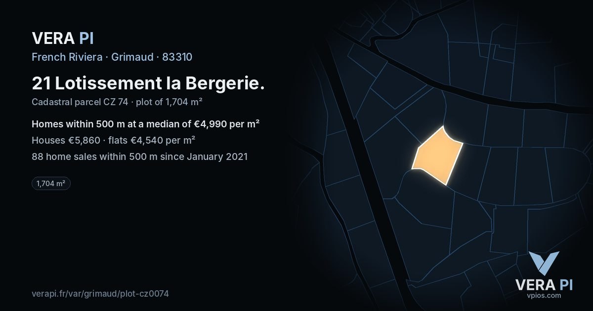 21 Lotissement la Bergerie, Grimaud at night – the plot lit, the parcels around coloured by the prices near them
