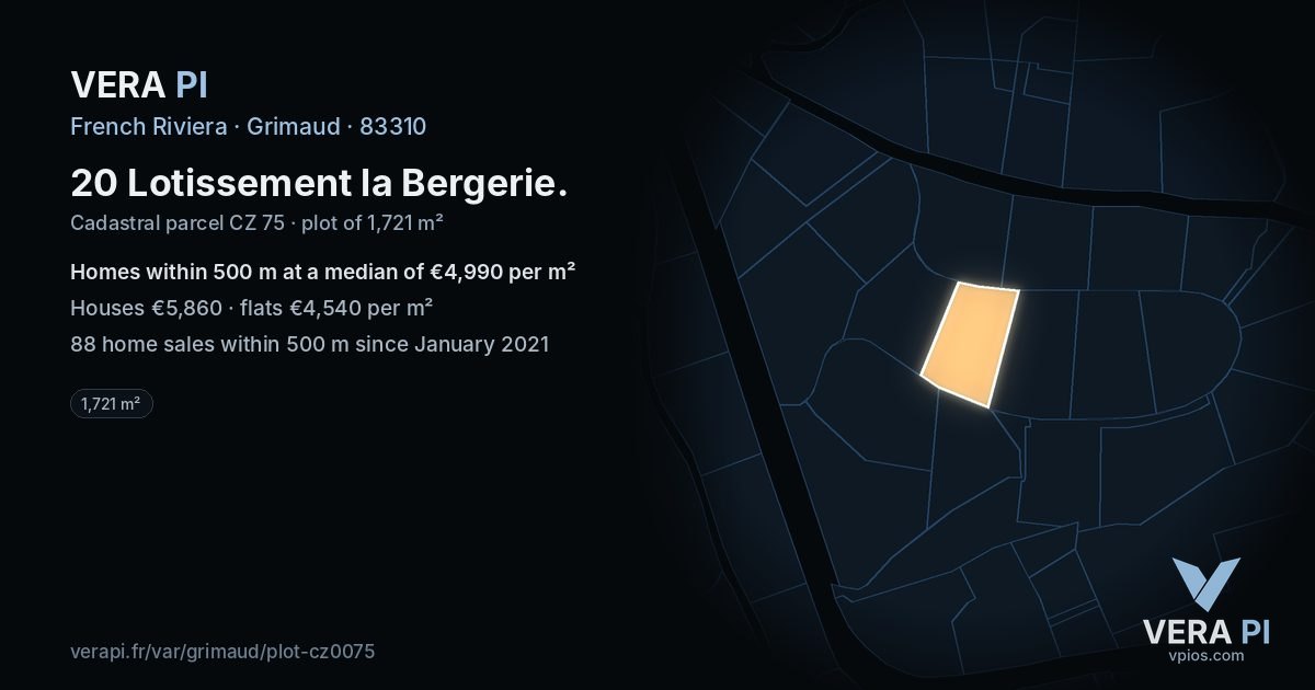 20 Lotissement la Bergerie, Grimaud at night – the plot lit, the parcels around coloured by the prices near them