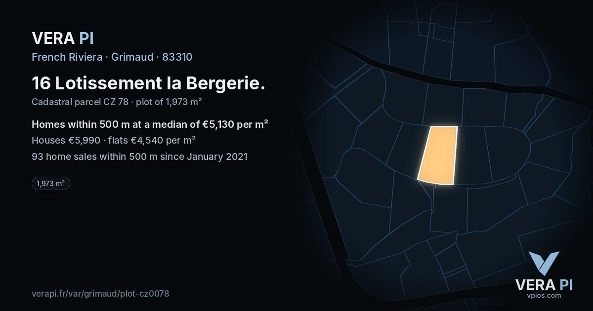 16 Lotissement la Bergerie, Grimaud at night – the plot lit, the parcels around coloured by the prices near them