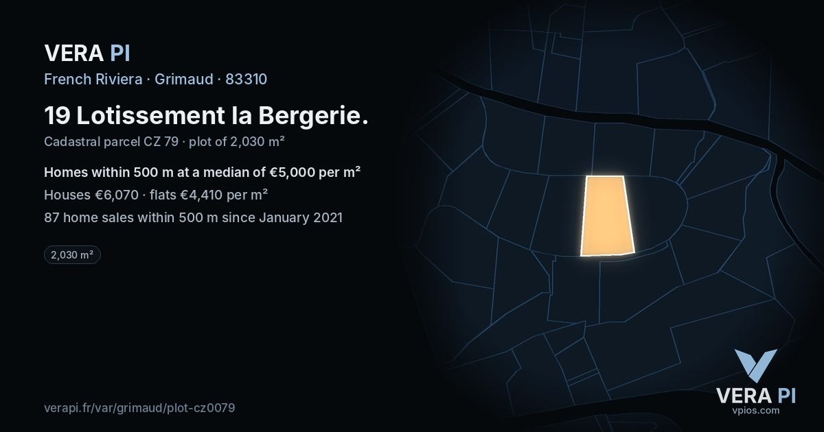 19 Lotissement la Bergerie, Grimaud at night – the plot lit, the parcels around coloured by the prices near them