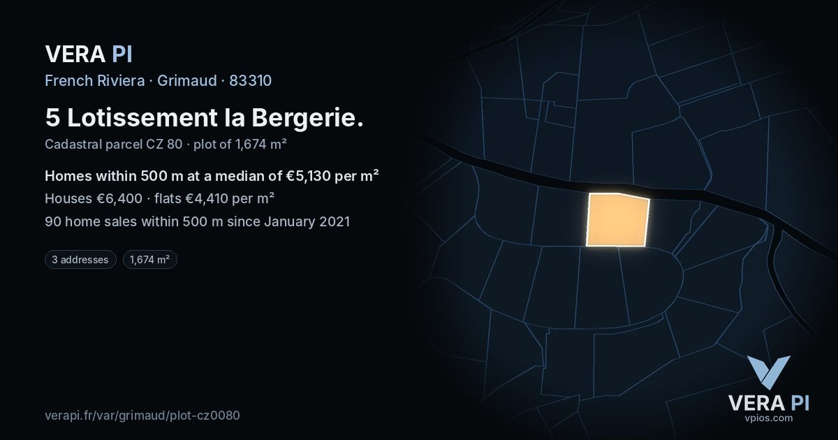 5 Lotissement la Bergerie, Grimaud at night – the plot lit, the parcels around coloured by the prices near them