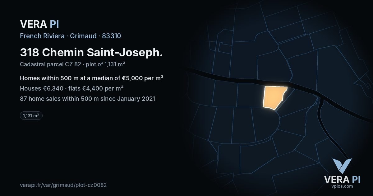 318 Chemin Saint-Joseph, Grimaud at night – the plot lit, the parcels around coloured by the prices near them