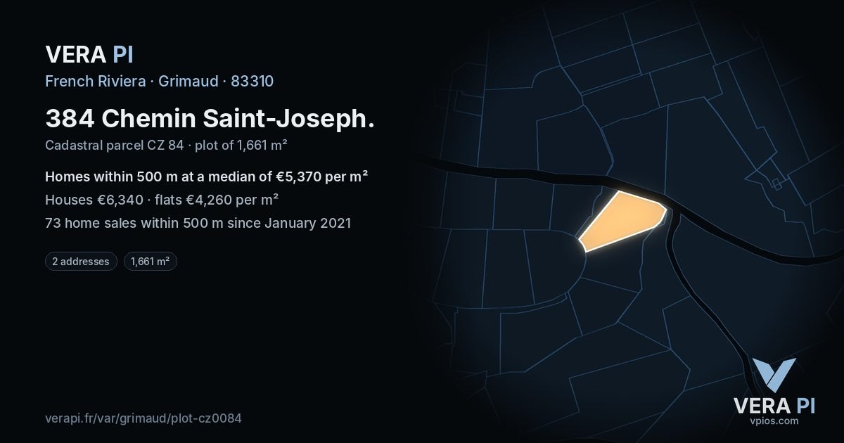 384 Chemin Saint-Joseph, Grimaud at night – the plot lit, the parcels around coloured by the prices near them