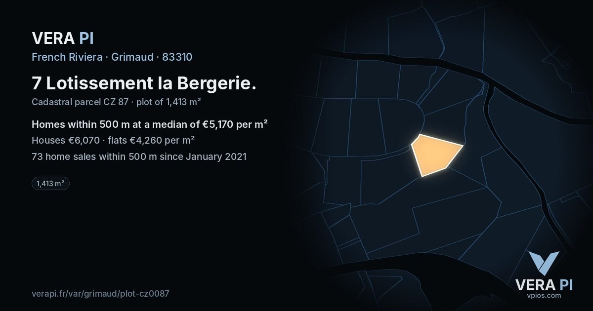7 Lotissement la Bergerie, Grimaud at night – the plot lit, the parcels around coloured by the prices near them