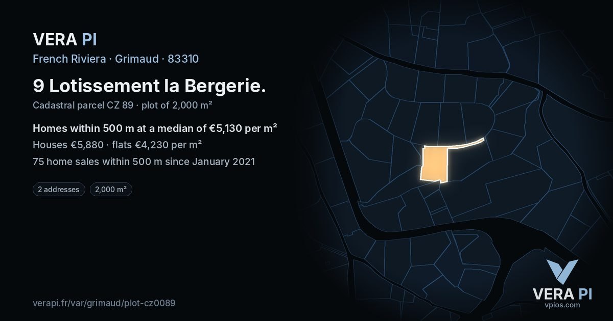 9 Lotissement la Bergerie, Grimaud at night – the plot lit, the parcels around coloured by the prices near them