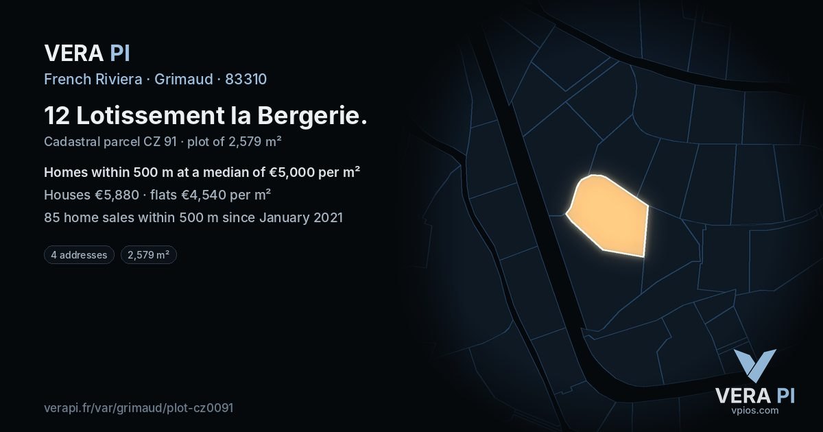 12 Lotissement la Bergerie, Grimaud at night – the plot lit, the parcels around coloured by the prices near them