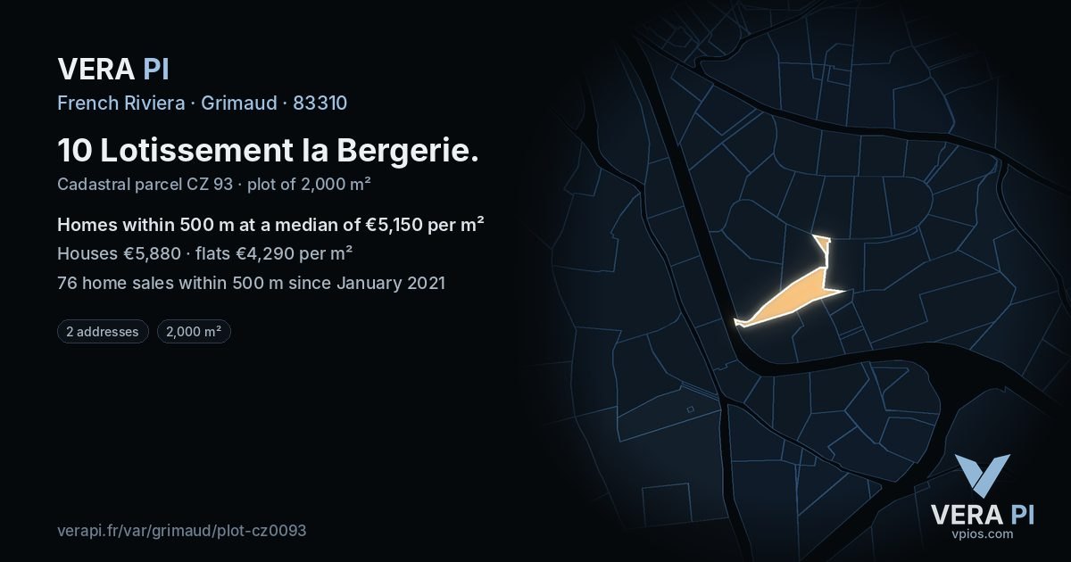 10 Lotissement la Bergerie, Grimaud at night – the plot lit, the parcels around coloured by the prices near them