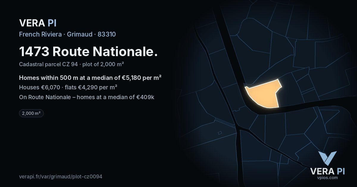 1473 Route Nationale, Grimaud at night – the plot lit, the parcels around coloured by the prices near them