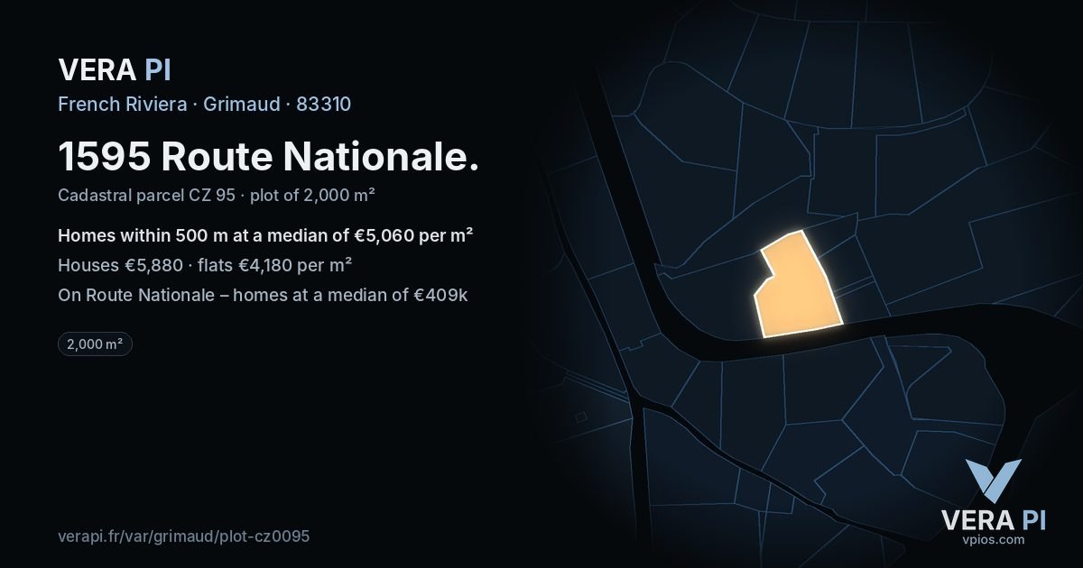 1595 Route Nationale, Grimaud at night – the plot lit, the parcels around coloured by the prices near them