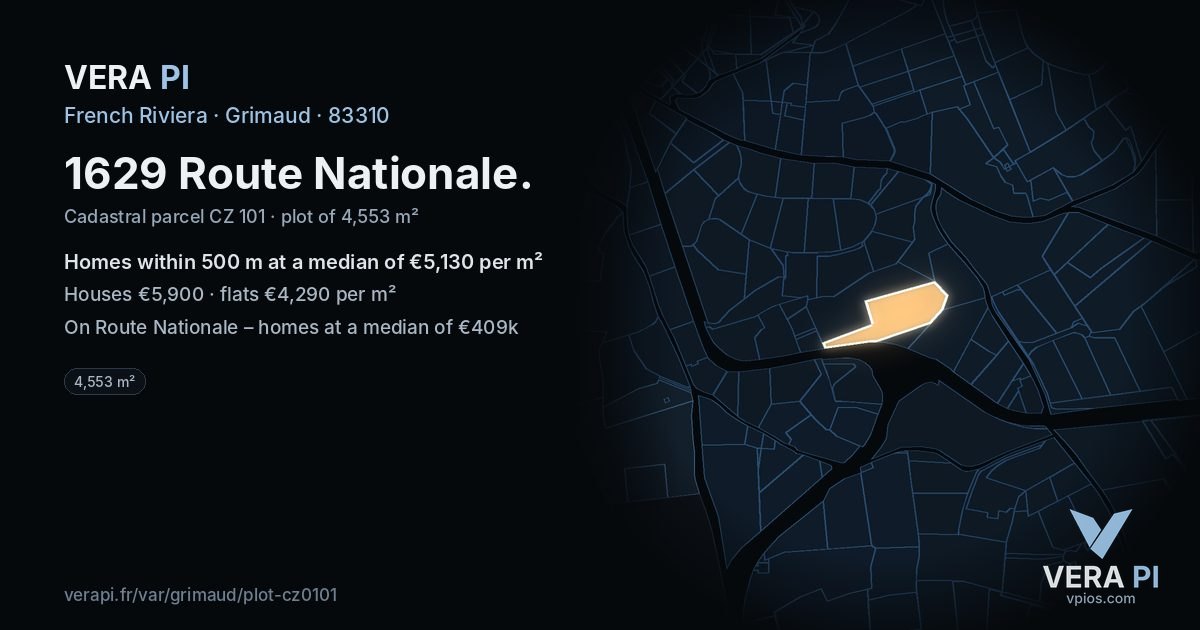 1629 Route Nationale, Grimaud at night – the plot lit, the parcels around coloured by the prices near them