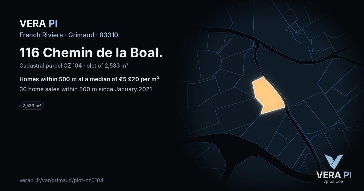 116 Chemin de la Boal, Grimaud at night – the plot lit, the parcels around coloured by the prices near them