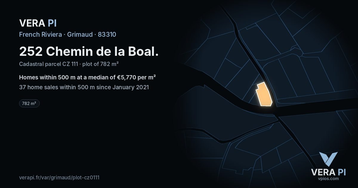 252 Chemin de la Boal, Grimaud at night – the plot lit, the parcels around coloured by the prices near them