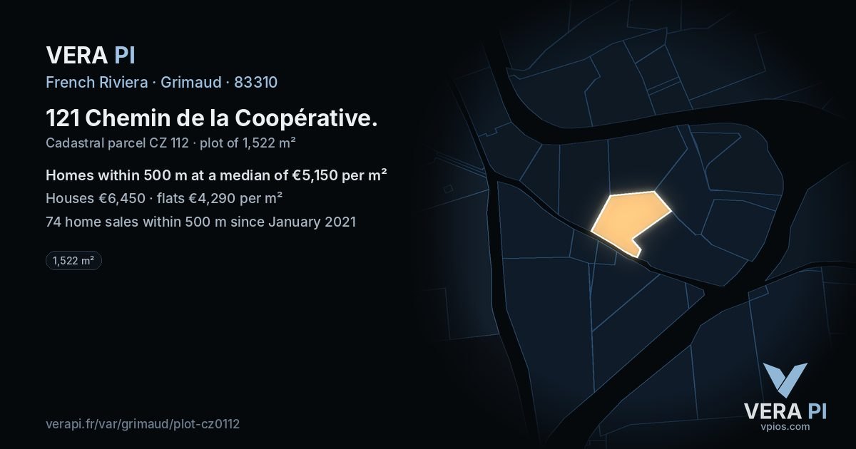 121 Chemin de la Coopérative, Grimaud at night – the plot lit, the parcels around coloured by the prices near them