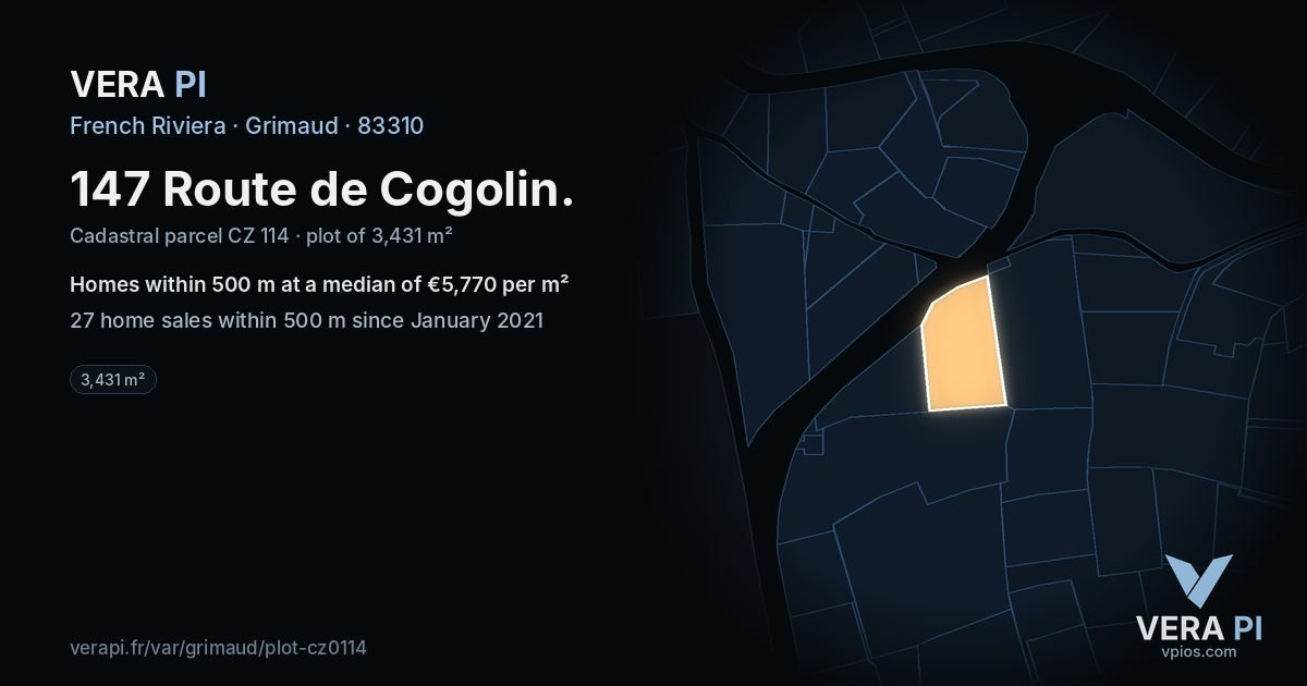 147 Route de Cogolin, Grimaud at night – the plot lit, the parcels around coloured by the prices near them