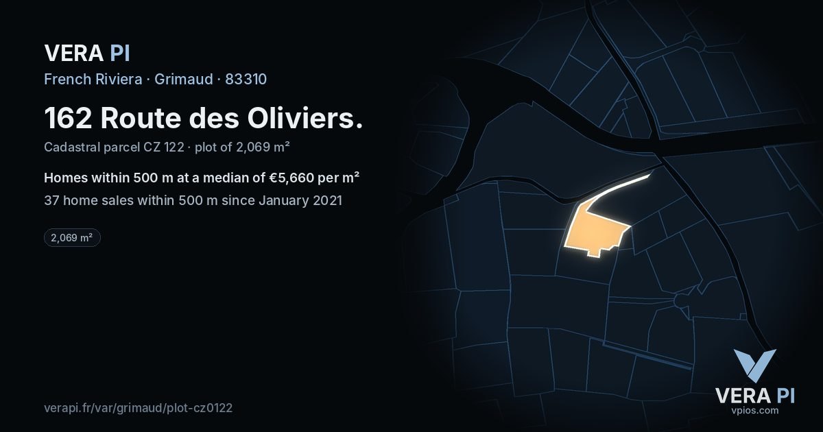 162 Route des Oliviers, Grimaud at night – the plot lit, the parcels around coloured by the prices near them