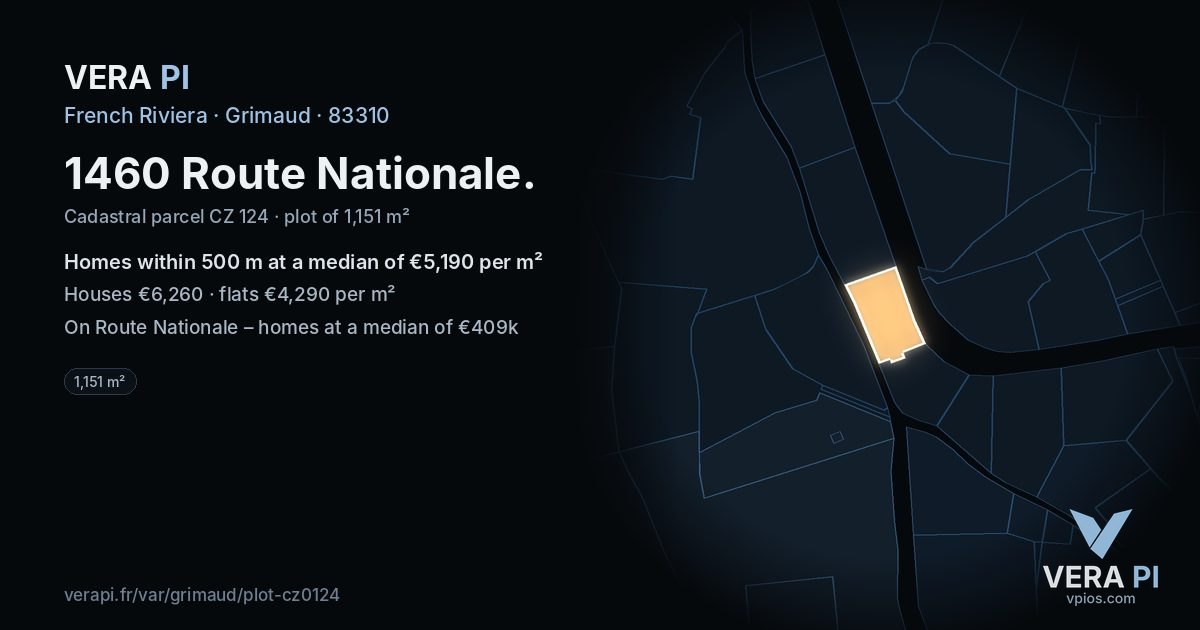 1460 Route Nationale, Grimaud at night – the plot lit, the parcels around coloured by the prices near them