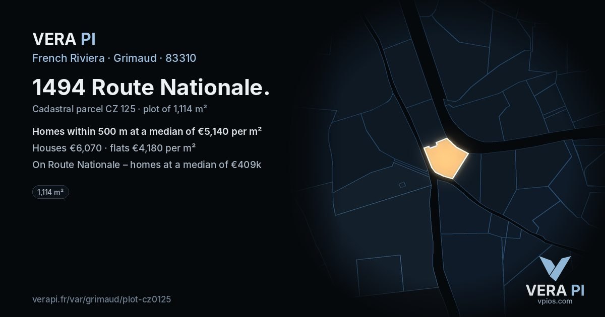 1494 Route Nationale, Grimaud at night – the plot lit, the parcels around coloured by the prices near them