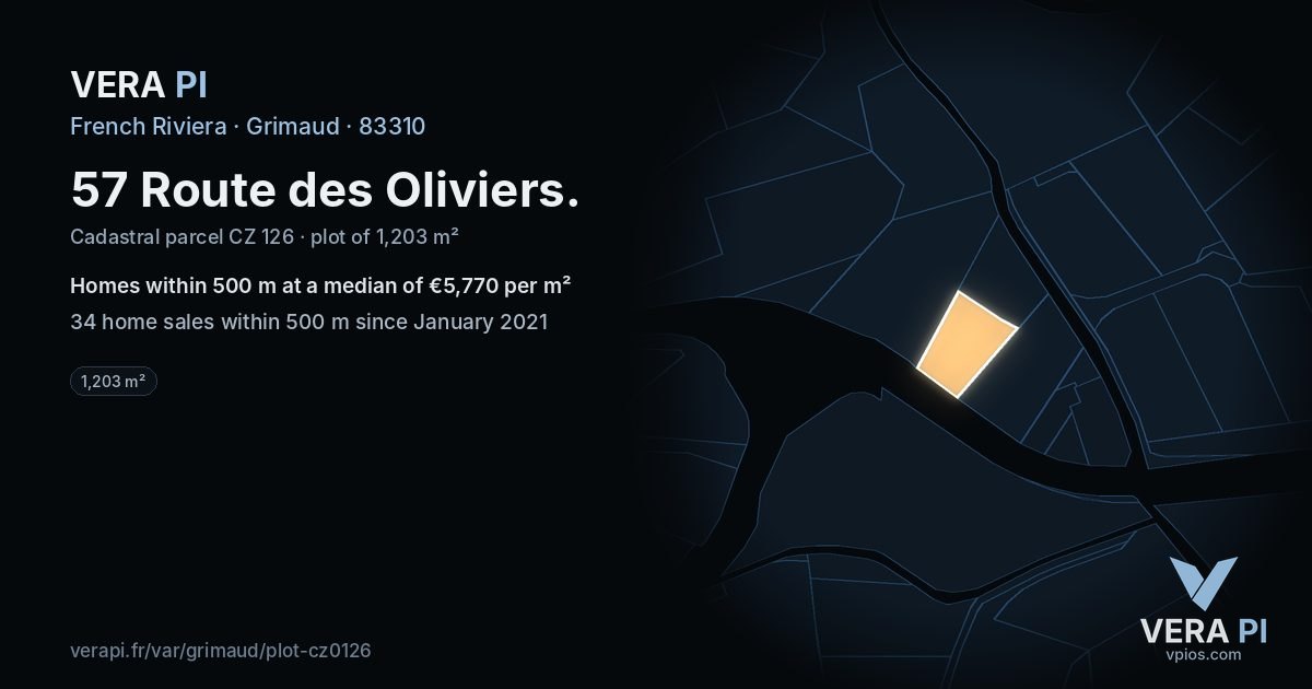 57 Route des Oliviers, Grimaud at night – the plot lit, the parcels around coloured by the prices near them