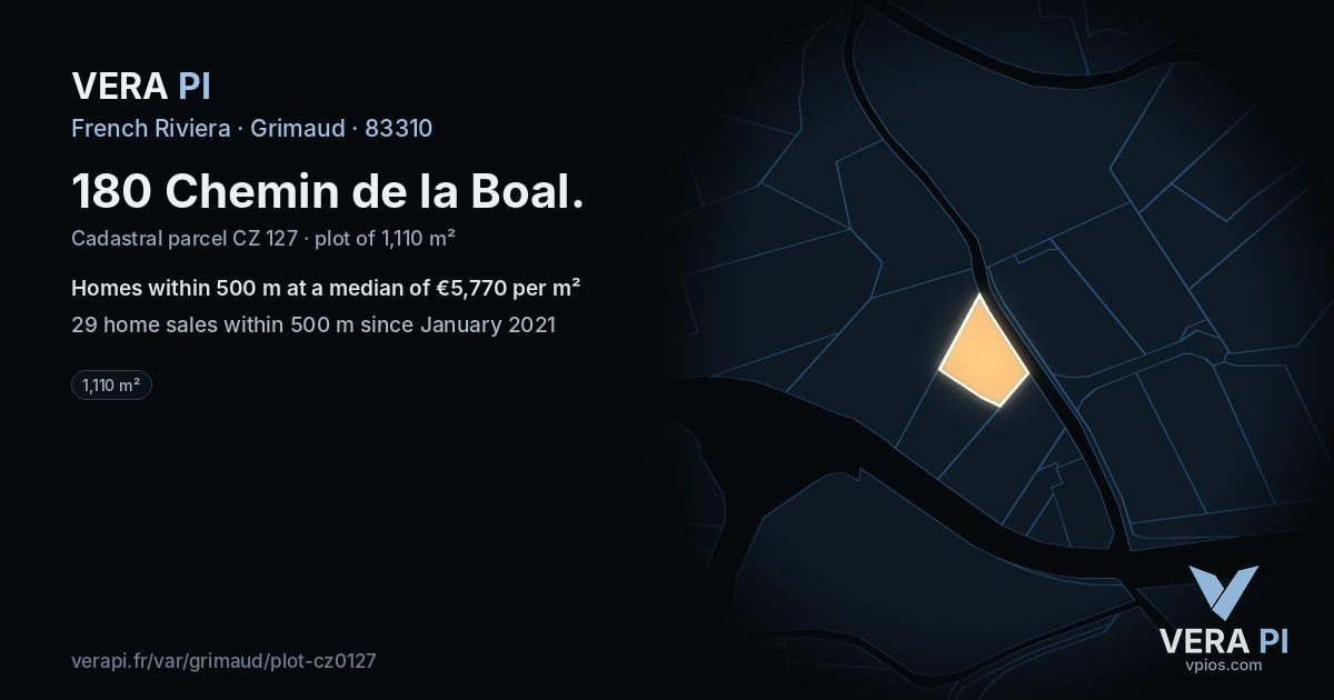 180 Chemin de la Boal, Grimaud at night – the plot lit, the parcels around coloured by the prices near them