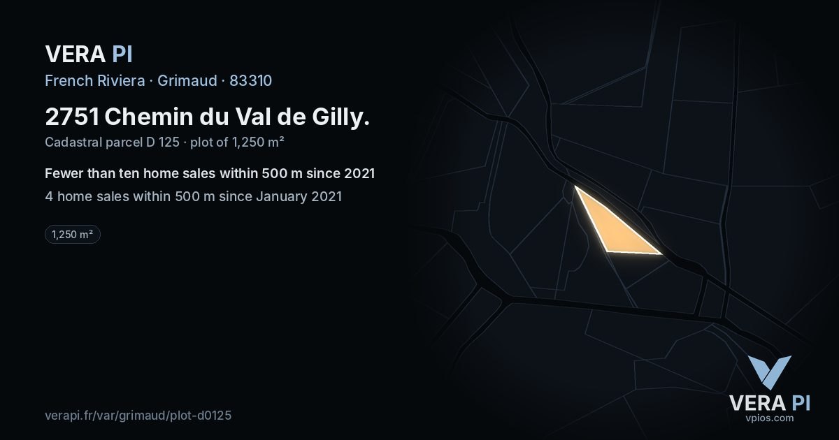 2751 Chemin du Val de Gilly, Grimaud at night – the plot lit, the parcels around coloured by the prices near them