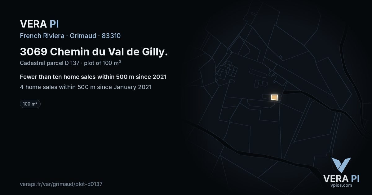 3069 Chemin du Val de Gilly, Grimaud at night – the plot lit, the parcels around coloured by the prices near them