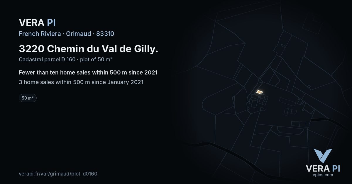 3220 Chemin du Val de Gilly, Grimaud at night – the plot lit, the parcels around coloured by the prices near them