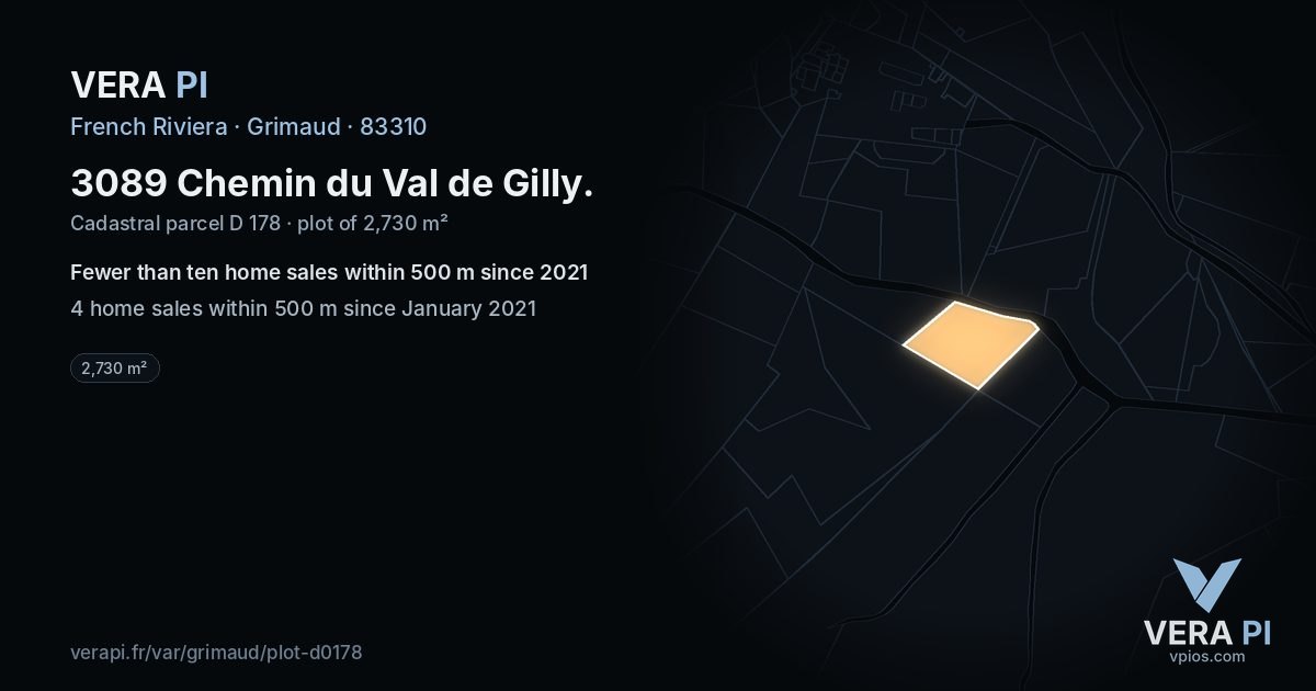 3089 Chemin du Val de Gilly, Grimaud at night – the plot lit, the parcels around coloured by the prices near them