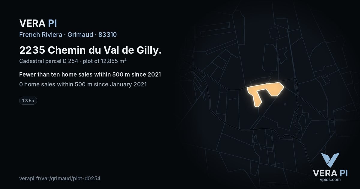 2235 Chemin du Val de Gilly, Grimaud at night – the plot lit, the parcels around coloured by the prices near them
