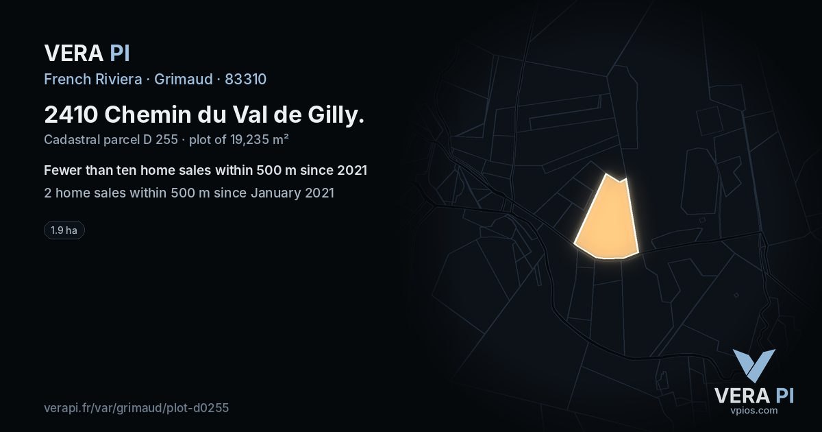 2410 Chemin du Val de Gilly, Grimaud at night – the plot lit, the parcels around coloured by the prices near them