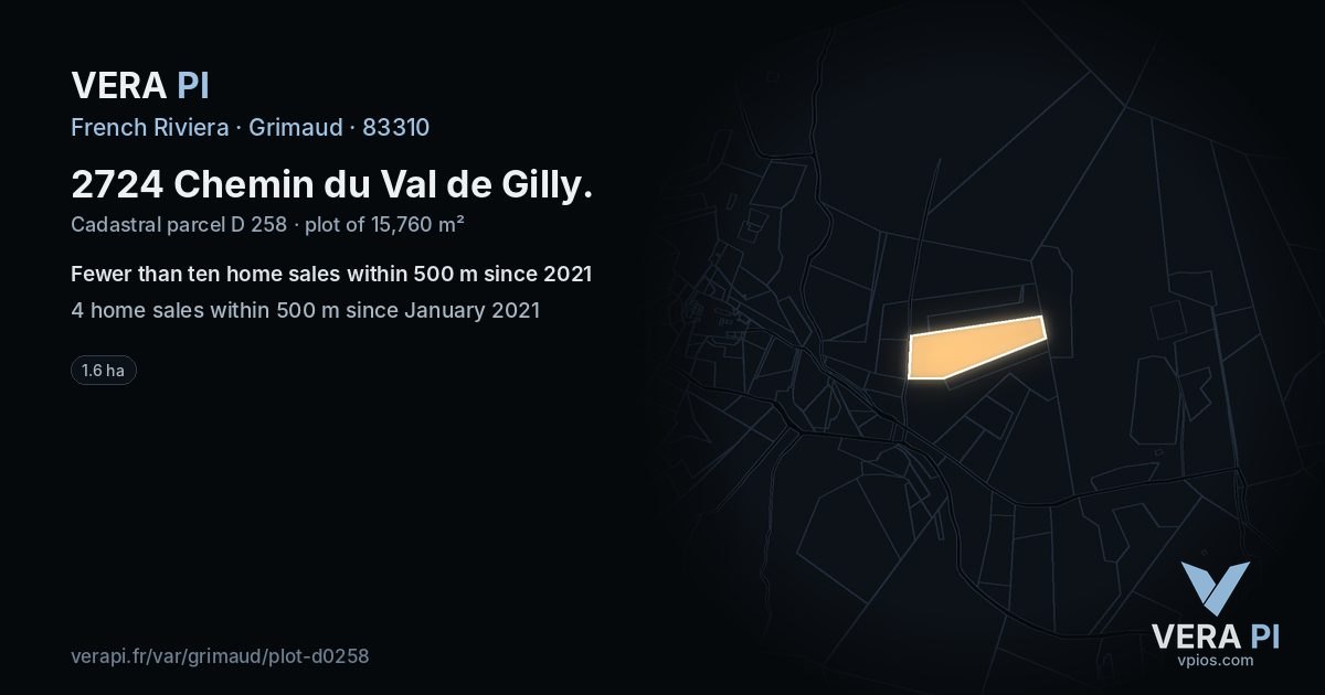 2724 Chemin du Val de Gilly, Grimaud at night – the plot lit, the parcels around coloured by the prices near them