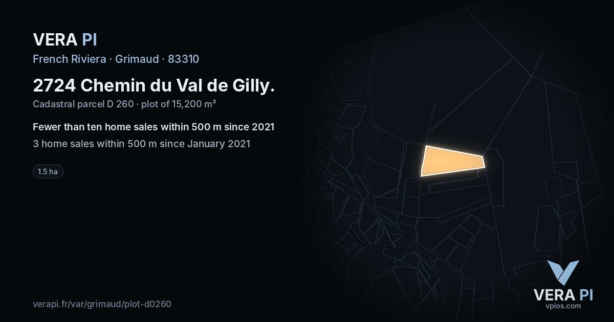 2724 Chemin du Val de Gilly, Grimaud at night – the plot lit, the parcels around coloured by the prices near them