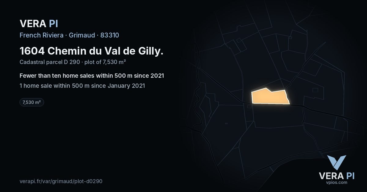 1604 Chemin du Val de Gilly, Grimaud at night – the plot lit, the parcels around coloured by the prices near them