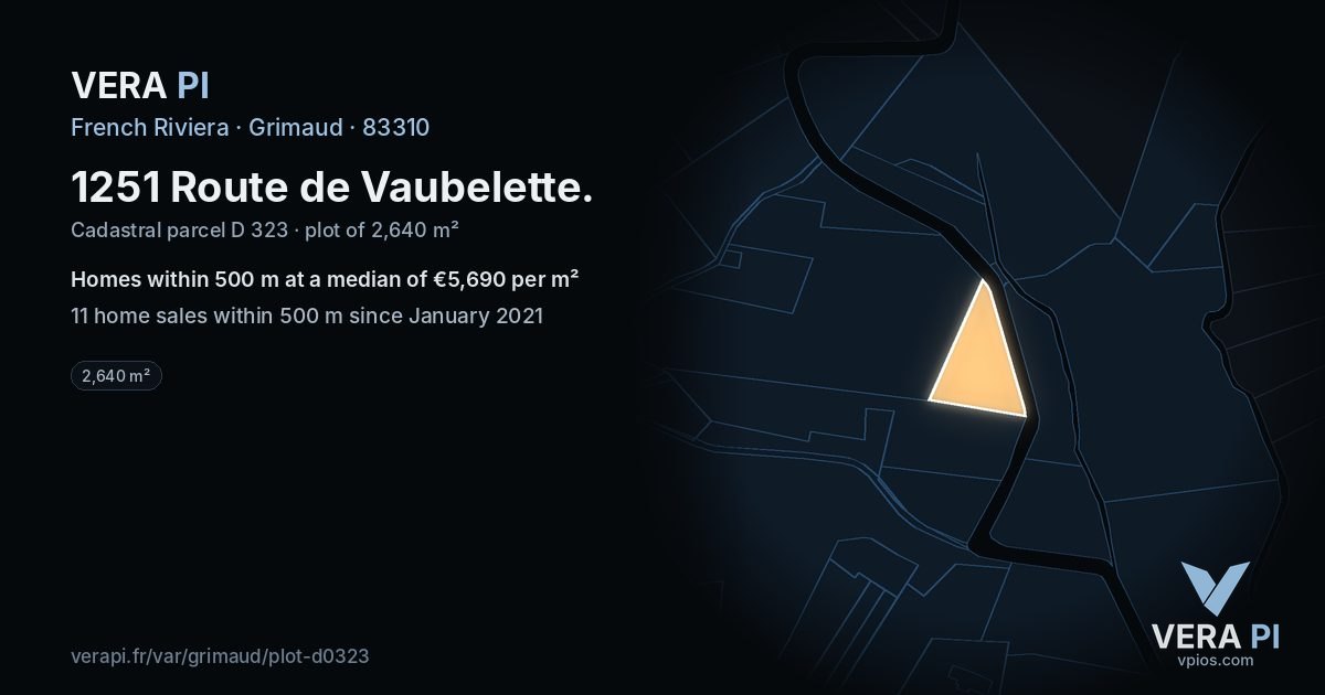 1251 Route de Vaubelette, Grimaud at night – the plot lit, the parcels around coloured by the prices near them