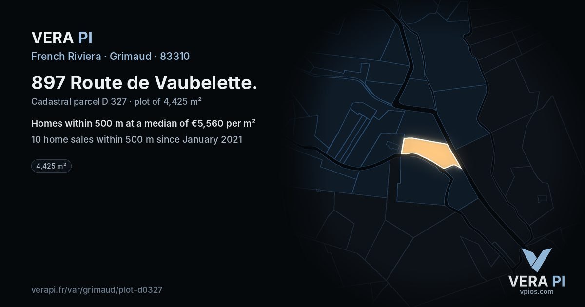 897 Route de Vaubelette, Grimaud at night – the plot lit, the parcels around coloured by the prices near them