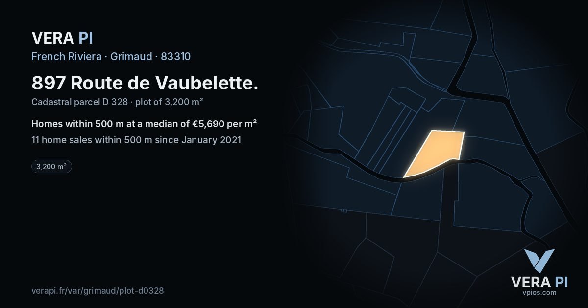 897 Route de Vaubelette, Grimaud at night – the plot lit, the parcels around coloured by the prices near them
