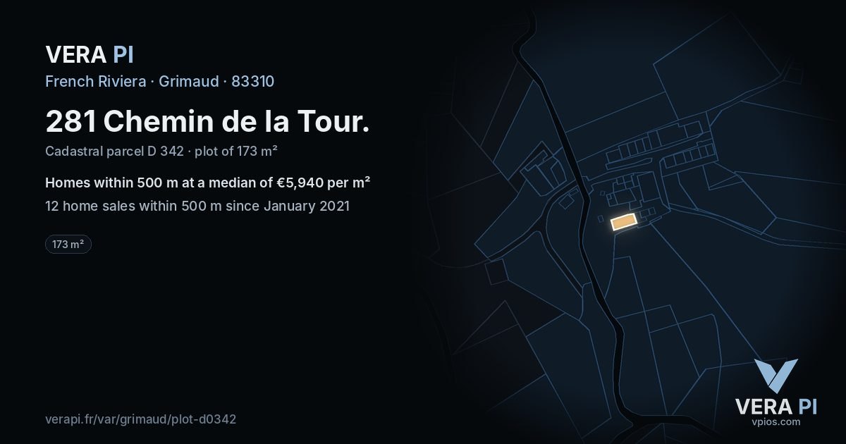 281 Chemin de la Tour, Grimaud at night – the plot lit, the parcels around coloured by the prices near them