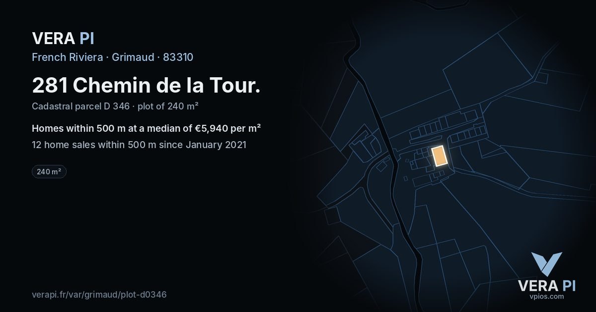 281 Chemin de la Tour, Grimaud at night – the plot lit, the parcels around coloured by the prices near them