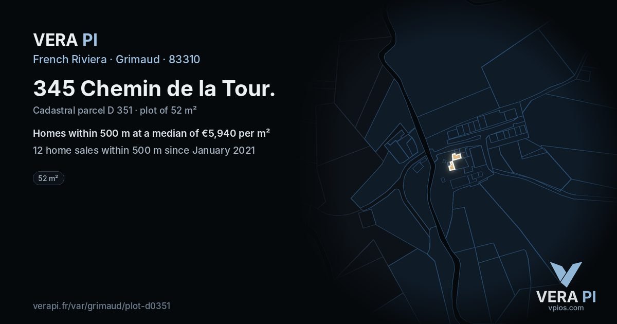 345 Chemin de la Tour, Grimaud at night – the plot lit, the parcels around coloured by the prices near them