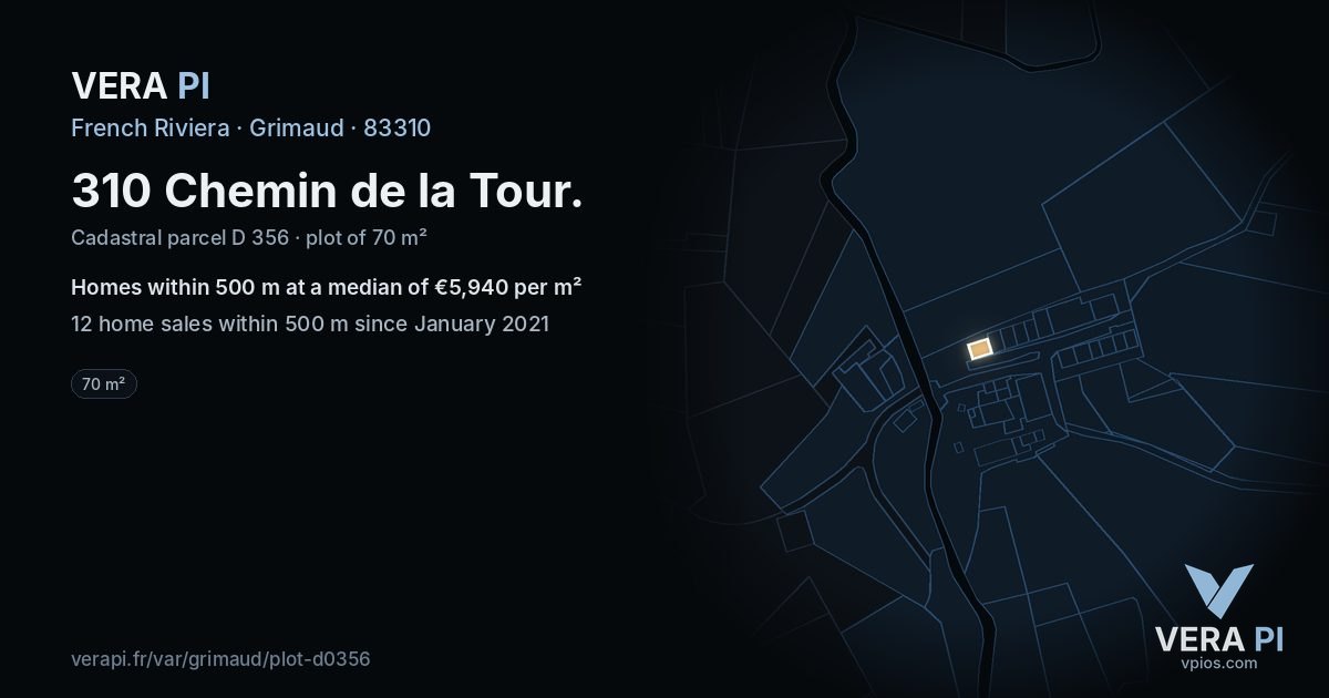310 Chemin de la Tour, Grimaud at night – the plot lit, the parcels around coloured by the prices near them