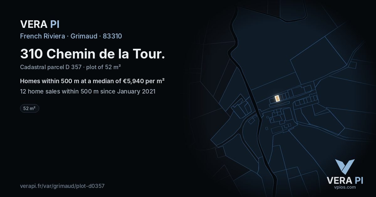310 Chemin de la Tour, Grimaud at night – the plot lit, the parcels around coloured by the prices near them
