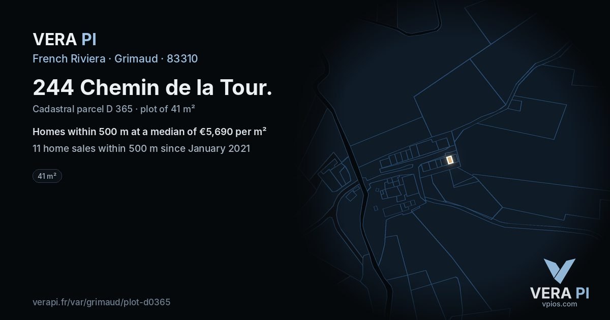 244 Chemin de la Tour, Grimaud at night – the plot lit, the parcels around coloured by the prices near them