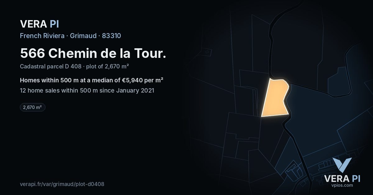 566 Chemin de la Tour, Grimaud at night – the plot lit, the parcels around coloured by the prices near them