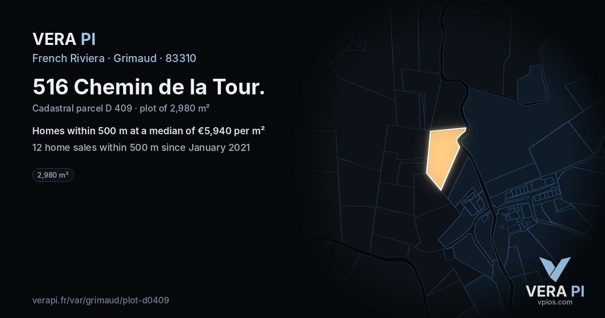 516 Chemin de la Tour, Grimaud at night – the plot lit, the parcels around coloured by the prices near them