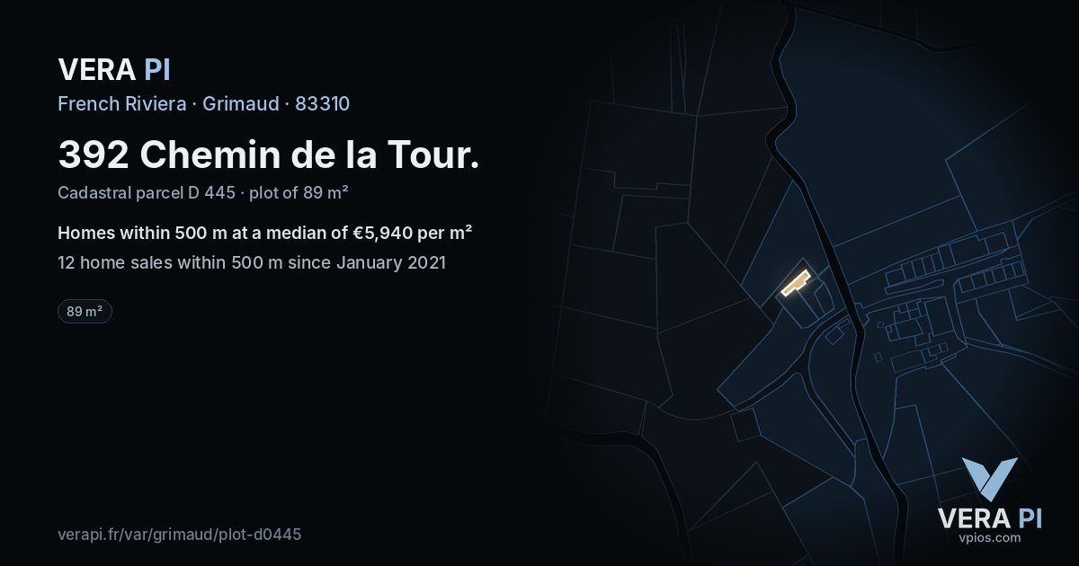 392 Chemin de la Tour, Grimaud at night – the plot lit, the parcels around coloured by the prices near them