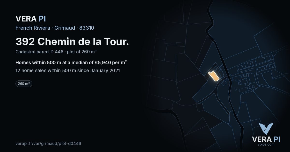 392 Chemin de la Tour, Grimaud at night – the plot lit, the parcels around coloured by the prices near them