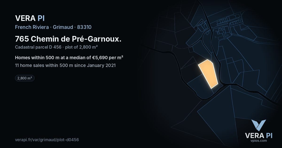765 Chemin de Pré-Garnoux, Grimaud at night – the plot lit, the parcels around coloured by the prices near them
